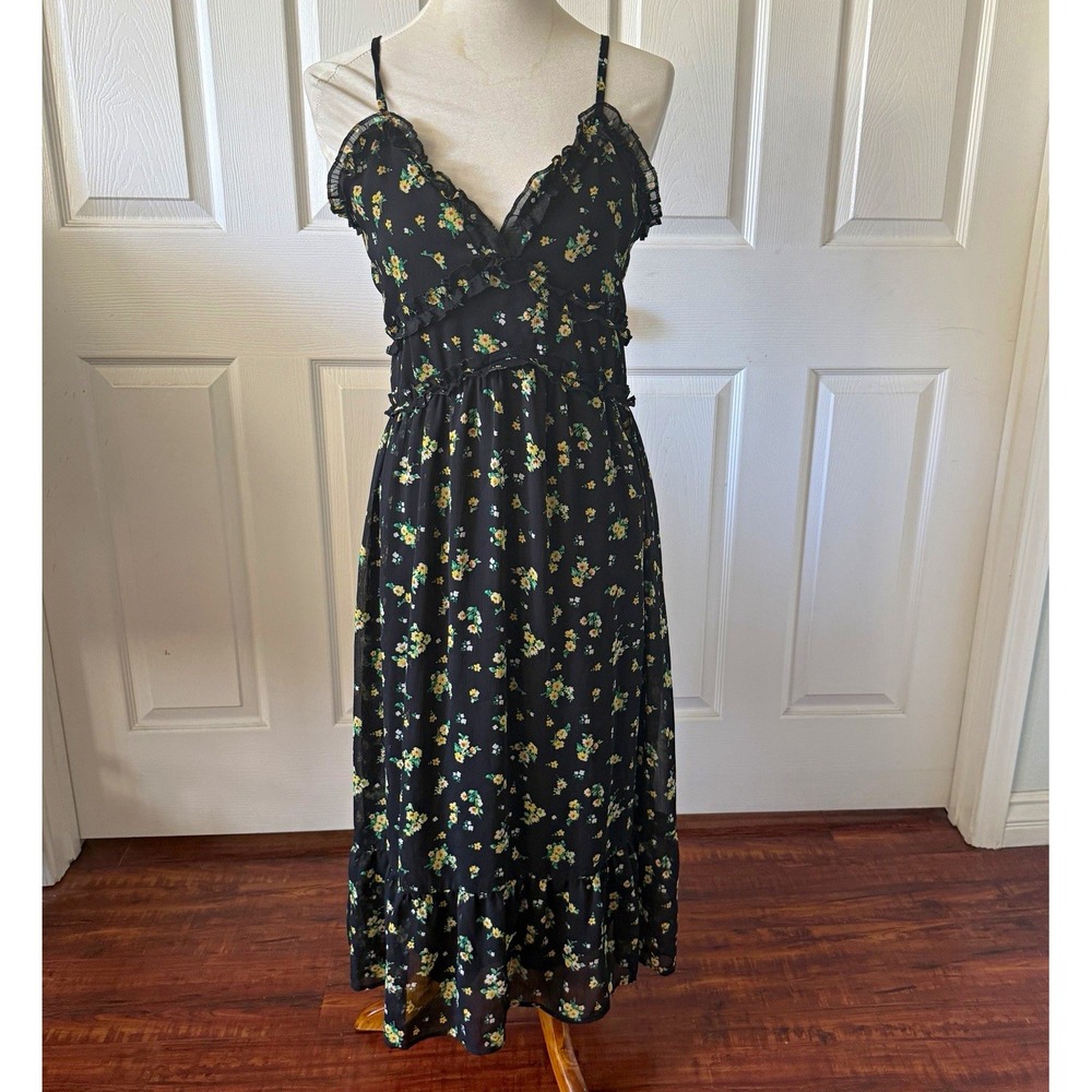 Dark Floral Midi Slip Dress Jr XL Ruffle Empire Waist Whimsigoth Almost Famous